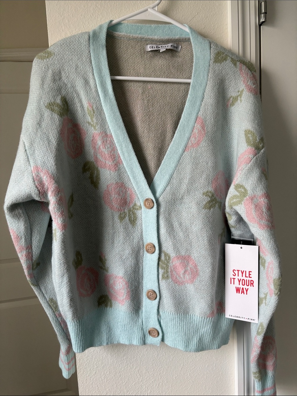 Celebrity Pink Pastel Blue Rose Print Cardigan